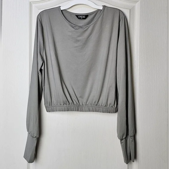 CHICME Womens 2pc Long Sleeve Top, Chain Print Color Block Skirt Sage Gray White - Picture 2 of 11